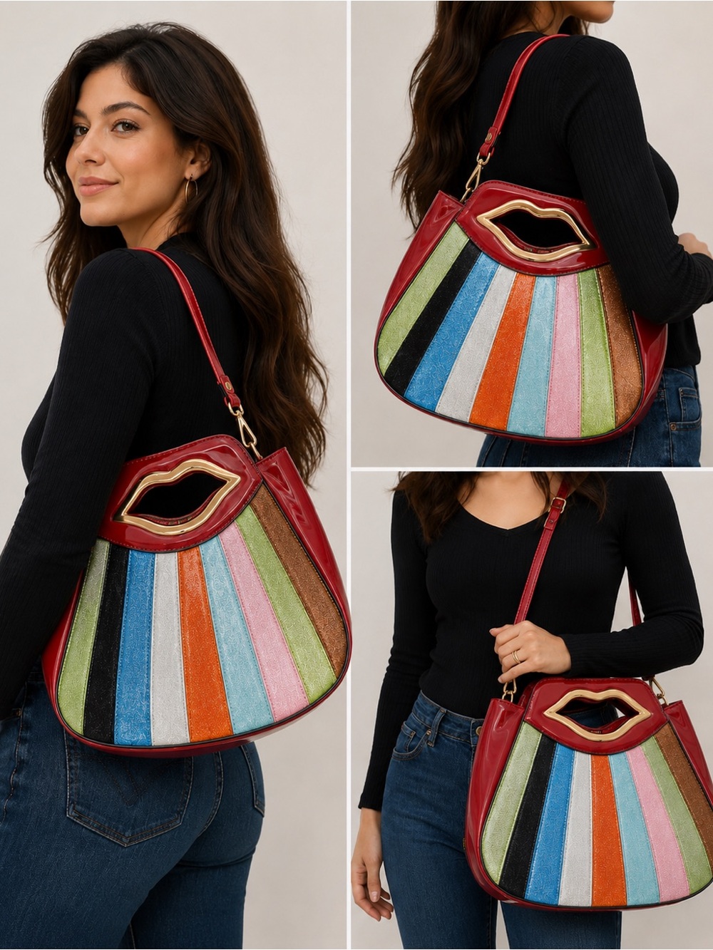 Vintage Colorful Lip Handle Shoulder Bag Multicolor Glitter Stripe Patent - Picture 3 of 8